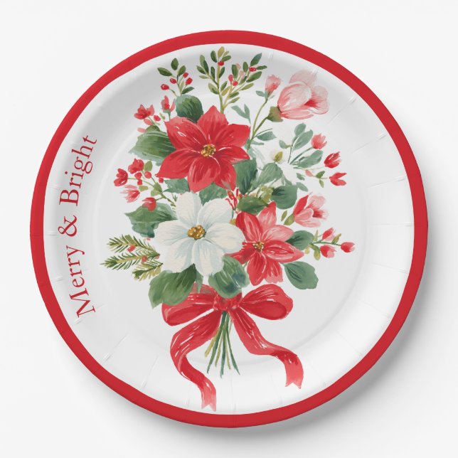 Merry & Bright Christmas Flower Bouquet Paper Plates (Front)