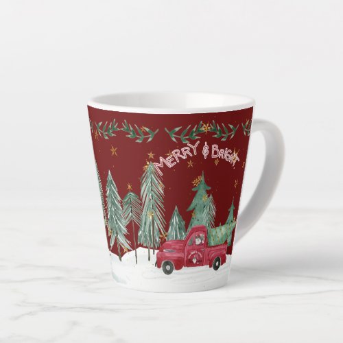 Merry Bright Christmas Gnome Red Truck Stars trees Latte Mug
