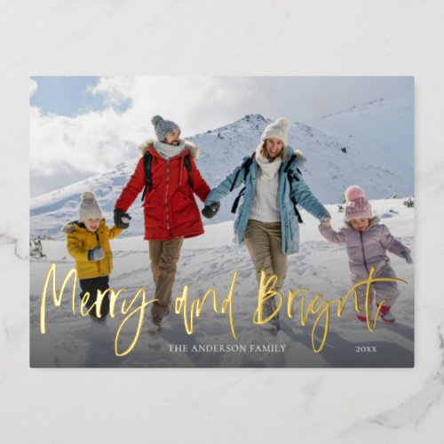 Merry  Bright Christmas Gold Foil  Photo Foil Holiday Postcard