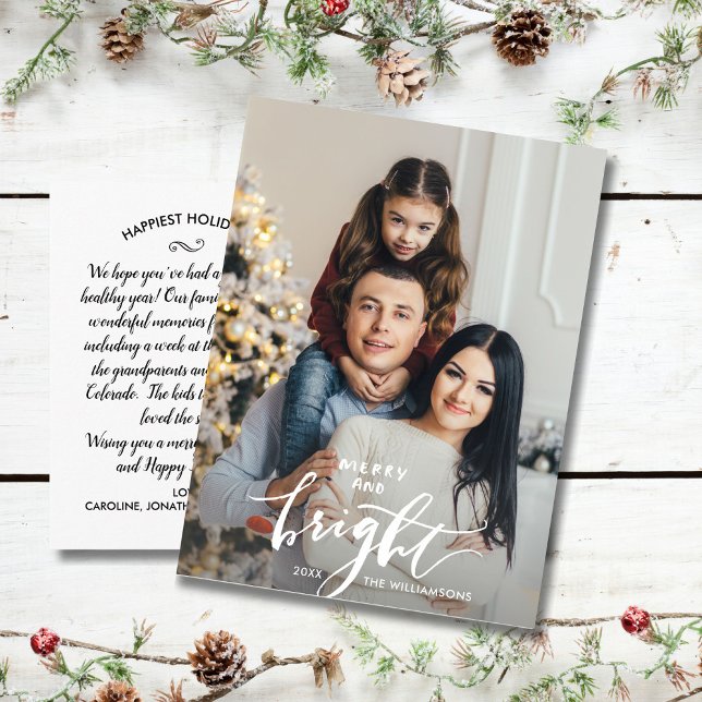 Merry Bright Christmas Hand Lettered Family Photo Postcard (Creator Uploaded)