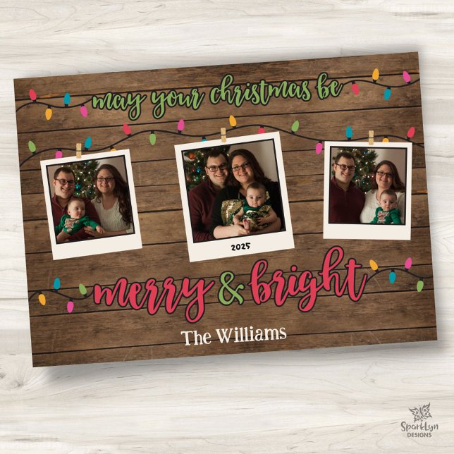 Merry & Bright Christmas Lights Photo Polaroids Holiday Card (Creator Uploaded)