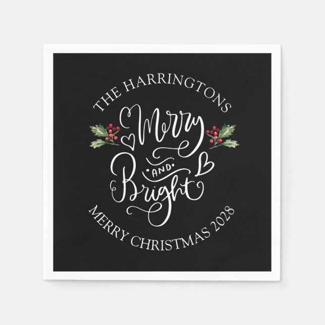 Merry Bright Christmas Party Family Name Napkins (Front)