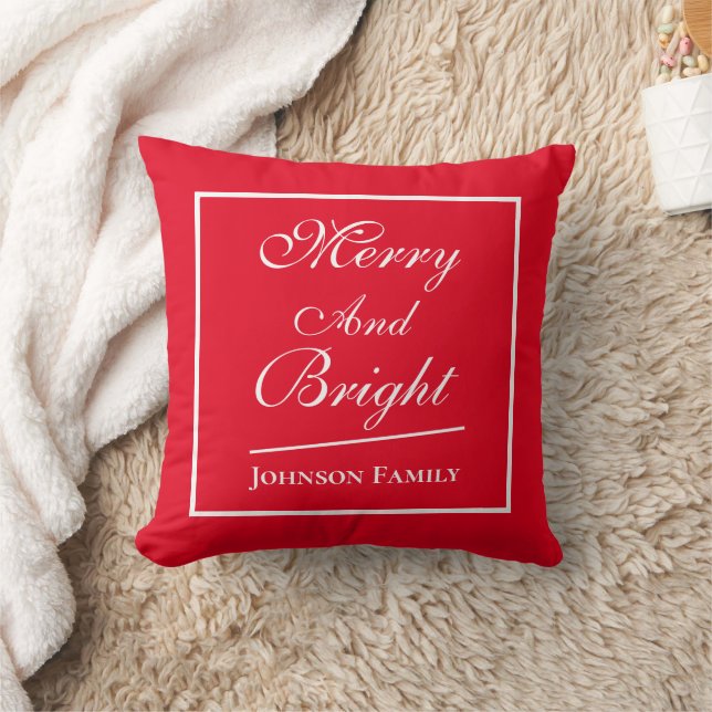 Merry & Bright Christmas Personalized Red White Throw Pillow (Blanket)