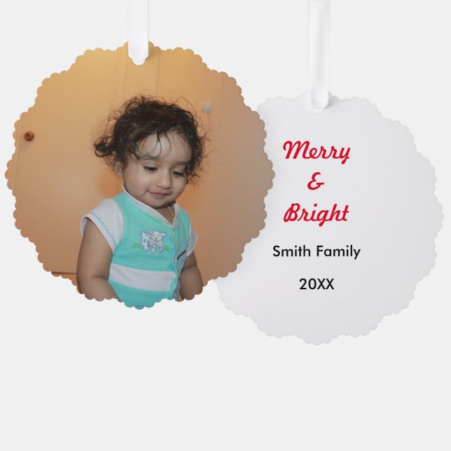 Merry Bright Christmas Photo Baby Kid Custom Cute  Ornament Card (Front/Back)
