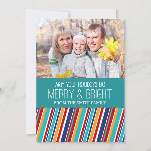 Merry & Bright Christmas Photo Card Stripes (Front)