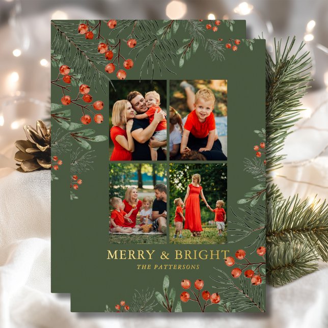 Merry & Bright Christmas Photo Collage Floral Foil Holiday Card (Creator Uploaded)