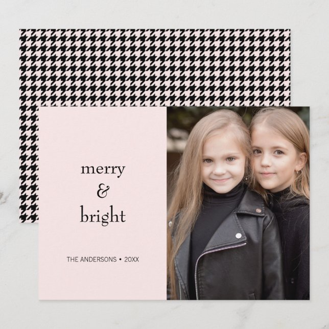 Merry & Bright Christmas Pink and Black Photo Holiday Card (Front/Back)