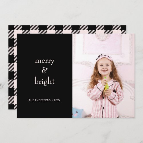 Merry  Bright Christmas Pink and Black Photo Holiday Card