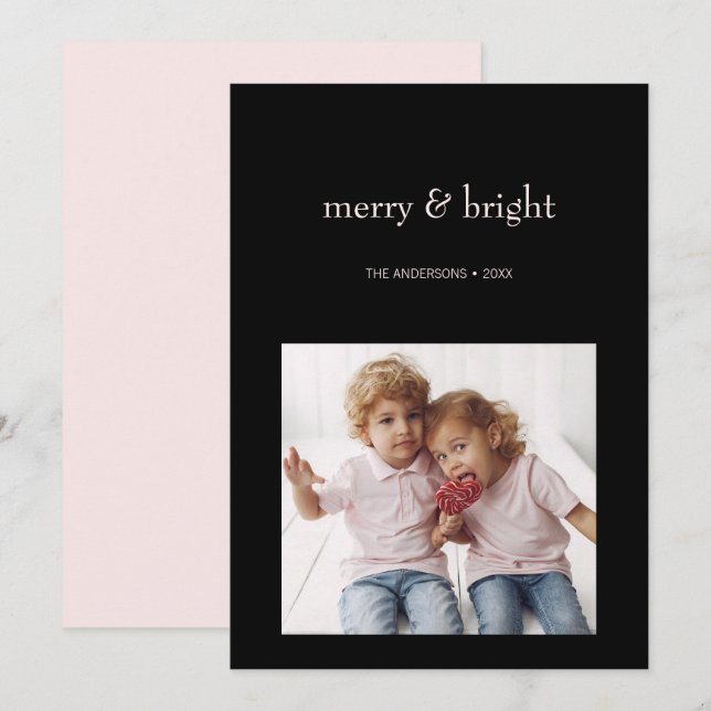 Merry & Bright Christmas Pink and Black Photo Holiday Card (Front/Back)