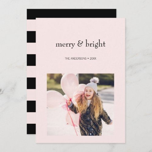 Merry  Bright Christmas Pink and Black Photo Holiday Card