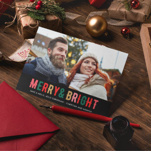 Merry Bright Christmas Plaid Photo Couple's  Holiday Card