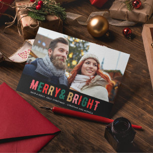 Merry Bright Christmas Plaid Photo Couple's  Holiday Card