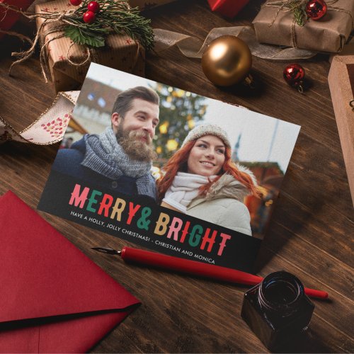 Merry Bright Christmas Plaid Photo Couples  Holiday Card
