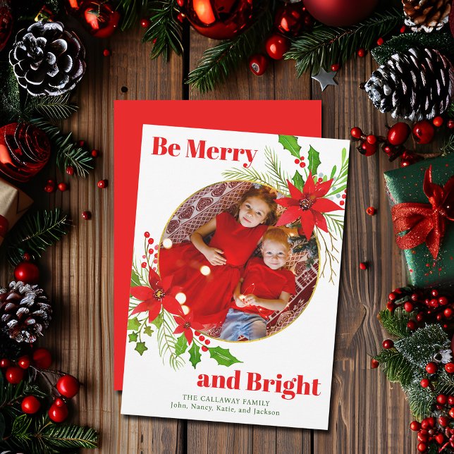 Merry & Bright Christmas Poinsettia Family Photo Holiday Card (Creator Uploaded)