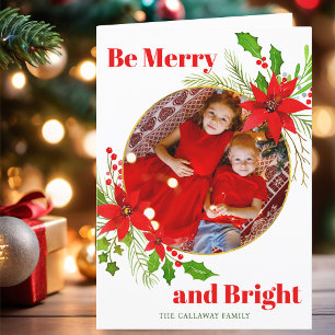 Merry & Bright Christmas Poinsettia Family Photo Holiday Card
