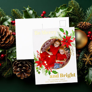 Merry & Bright Christmas Poinsettia Photo Gold Foil Holiday Postcard