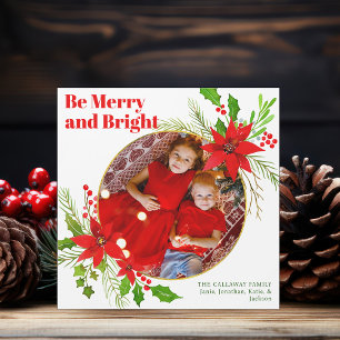 Merry & Bright Christmas Poinsettia Photo Magnet