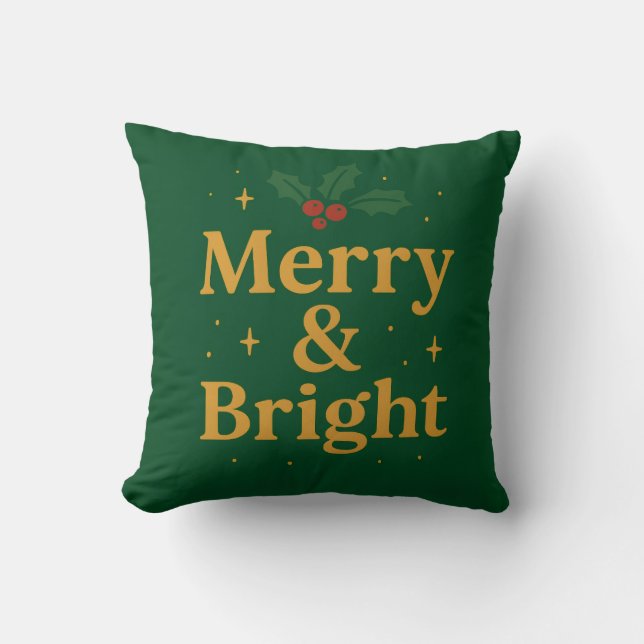 Merry & Bright Christmas Quote Throw Pillow (Front)