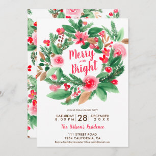 merry Bright Christmas red green floral wreath Invitation