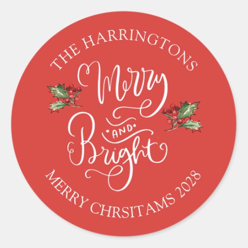 Merry Bright Christmas Red Personalized Party Classic Round Sticker