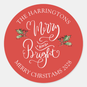 Merry Bright Christmas Red Personalized Party Classic Round Sticker
