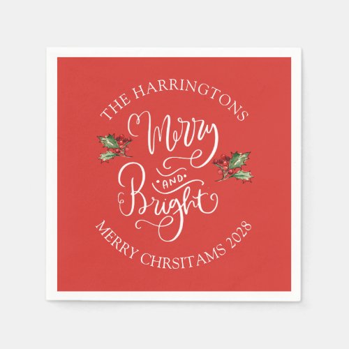 Merry Bright Christmas Red Personalized Party Napkins