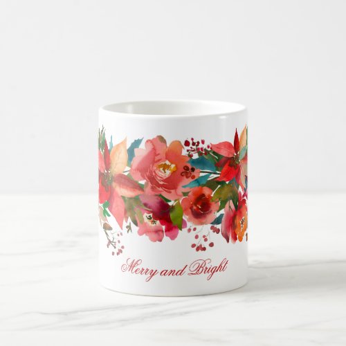 Merry Bright Christmas Red Poinsettia Holly Roses Coffee Mug