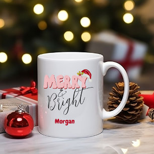 Merry & Bright Christmas Retro Red Pink Add Name Coffee Mug