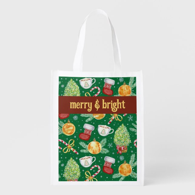 "Merry & Bright" Christmas Reusable Grocery Bag (Front)
