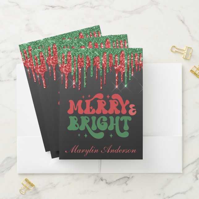 MERRY & BRIGHT CHRISTMAS SCRIPT CUSTOM MONOGRAM POCKET FOLDER (In Situ)