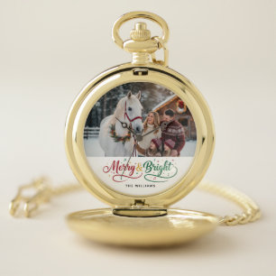 Merry & Bright Christmas Script Custom Photo  Pocket Watch