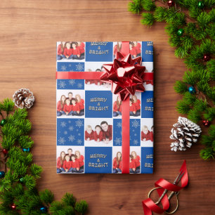 Merry & Bright Christmas Snowflake Photo Blue Wrapping Paper