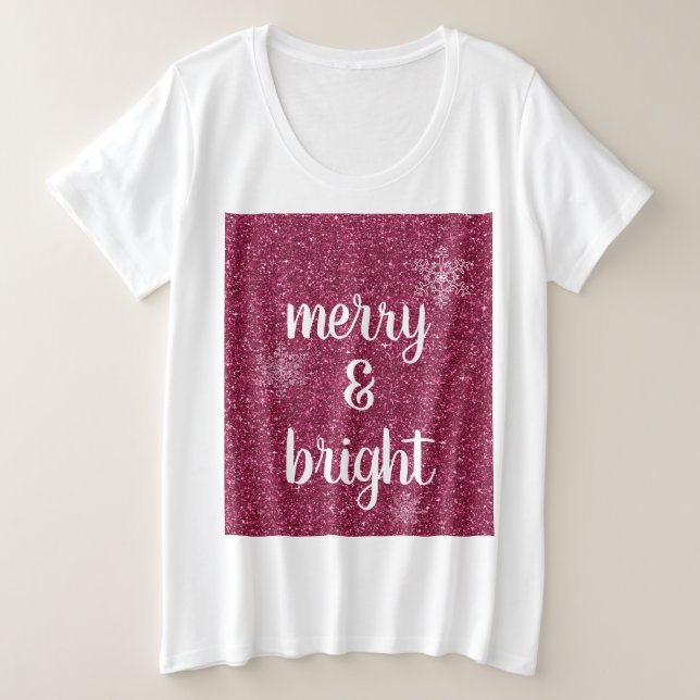 Merry & Bright Christmas Snowflakes Red Glitter Plus Size T-Shirt (Design Front)