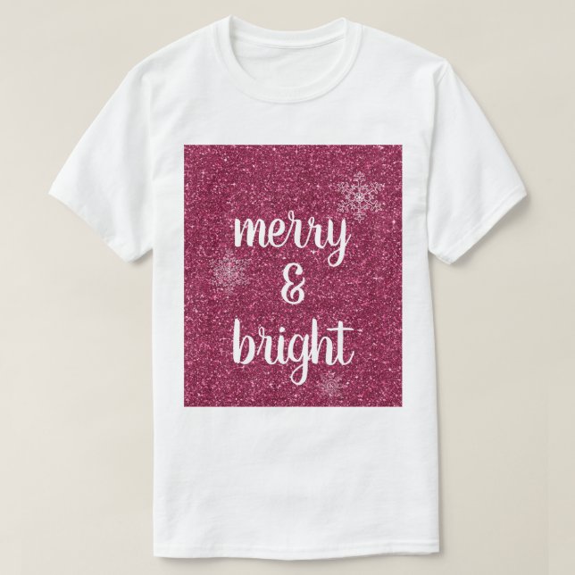 Merry & Bright Christmas Snowflakes Red Glitter T-Shirt (Design Front)
