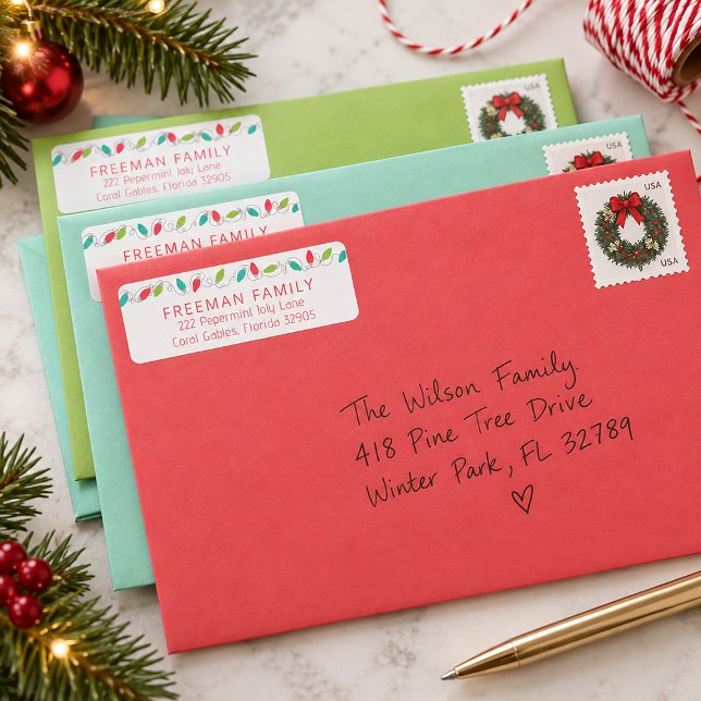 Merry & Bright Christmas String Lights Label (Festive Holiday Envelope Label)