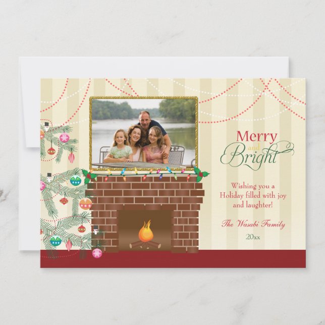 Merry & Bright Christmas tree fireplace photo card (Front)