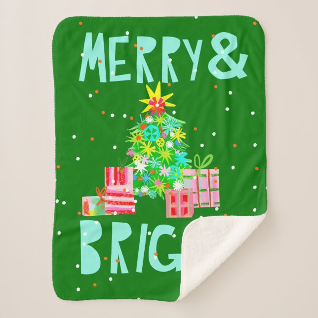 Merry & Bright Christmas Tree Sherpa Blanket (Front)