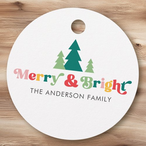 Merry  bright Christmas trees colorful retro font Favor Tags