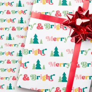 Merry & bright Christmas trees colorful retro font Wrapping Paper