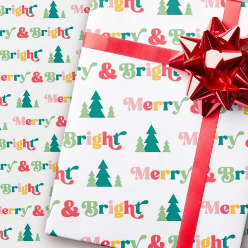 Merry  bright Christmas trees colorful retro font Wrapping Paper