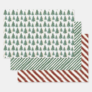 Merry & Bright Christmas Trees & Stripes Set of 3 Wrapping Paper Sheets