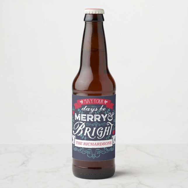 Merry & Bright Christmas Typography Custom Banner Beer Bottle Label (Front)