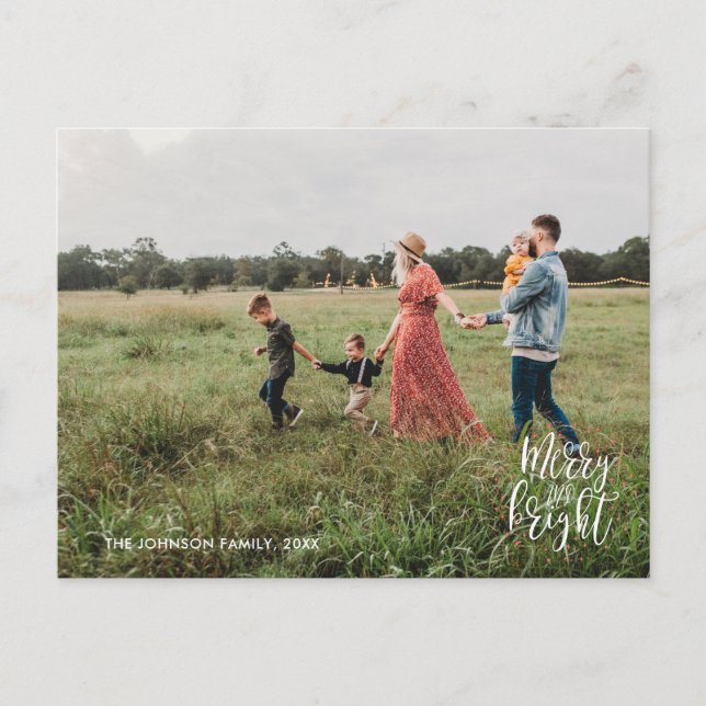 Merry & Bright Christmas Typography Photo Postcard (Front)
