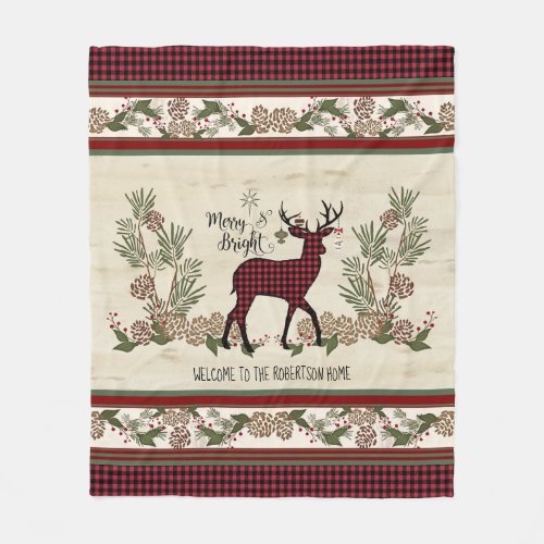 Merry Bright Christmas Winter Family Name w Deer Fleece Blanket