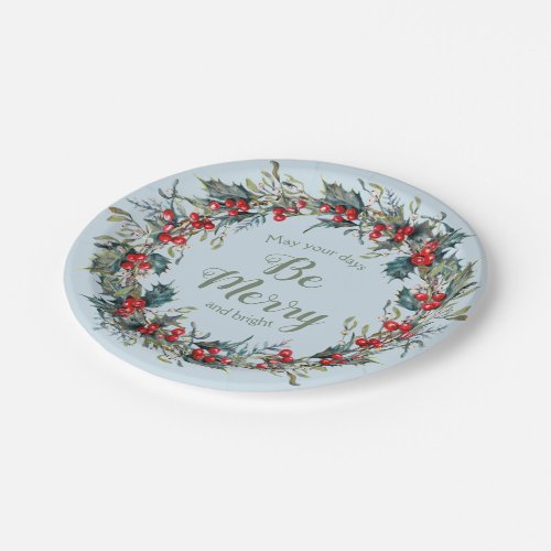 Merry Bright Christmas Wreath Berries Green Leaves Paper Plates