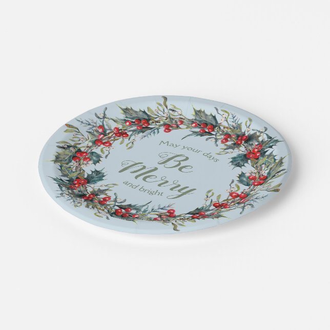 Merry Bright Christmas Wreath Berries Green Leaves Paper Plates (Angled)