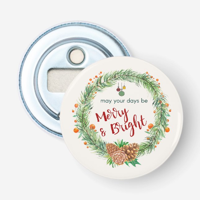 Merry & Bright Christmas Wreath Bottle Opener (Front)