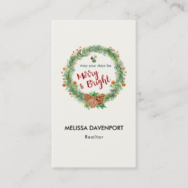 Merry & Bright Christmas Wreath Business Card (Front)