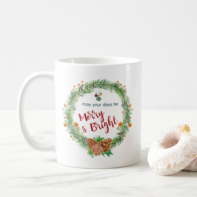 Merry & Bright Christmas Wreath Coffee Mug (With Donut)