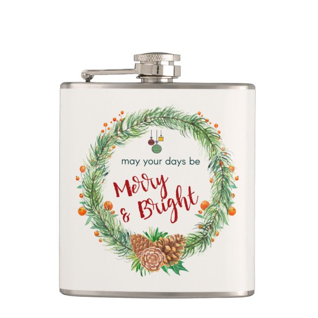Merry & Bright Christmas Wreath Flask (Front)